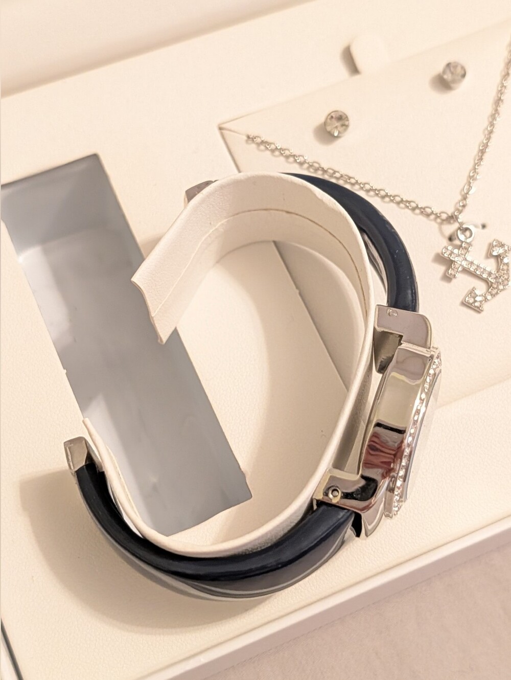 Women's Navy Leather Strap Watch with Silver Crystal-Trim Case